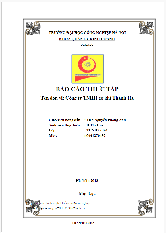 Báo cáo thực tập xưởng cơ khí Công ty TNHH cơ khí Hà Thành