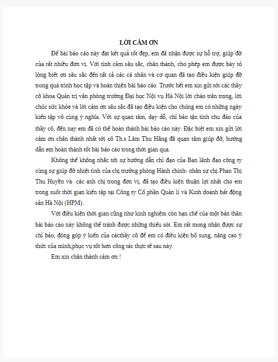 Mẫu lời cảm ơn trong báo cáo thực tập tại công ty CP quản lý và kinh doanh bất động sản Hà Nội