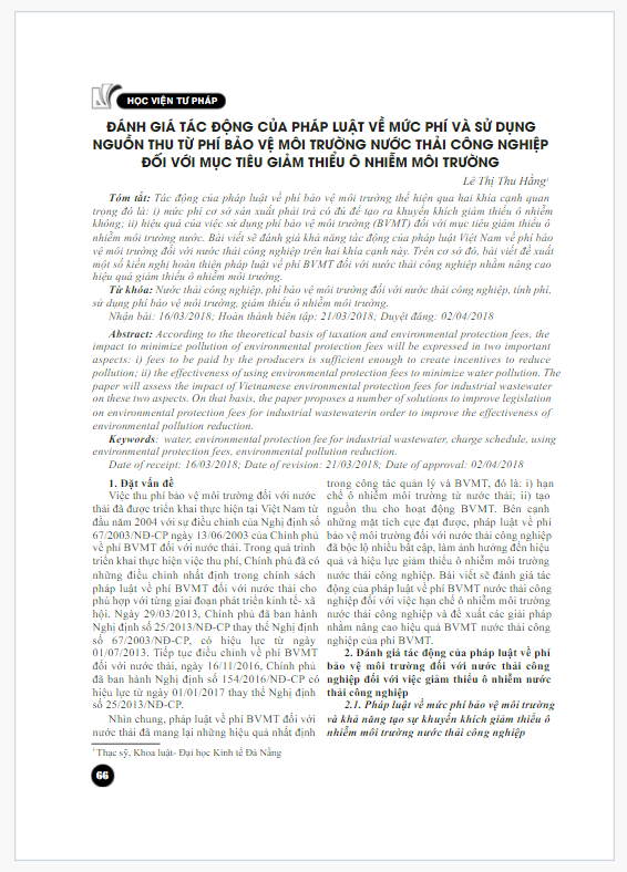 Đánh giá tác động của pháp luật về mức phí và sử dụng nguồn thu từ phí bảo vệ môi trường nước thải công nghiệp đối với mục tiêu giảm thiểu ô nhiễm môi trường 