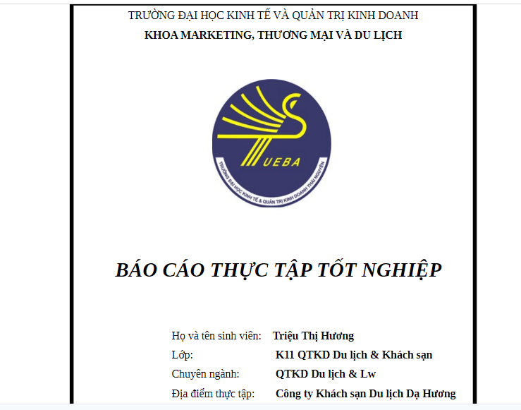 Báo cáo thực tập tốt nghiệp khách sạn Dạ Hương Thái Nguyên