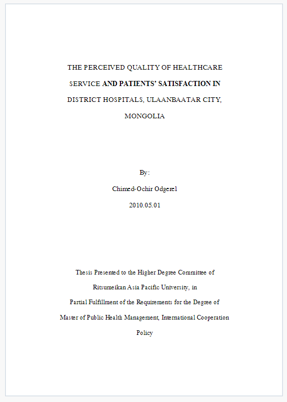 Luận văn Thạc sĩ y học: The perceived quality of healthcare service and patients’ satisfaction in district hospitals, Ulaanbaatar city, Mongolia