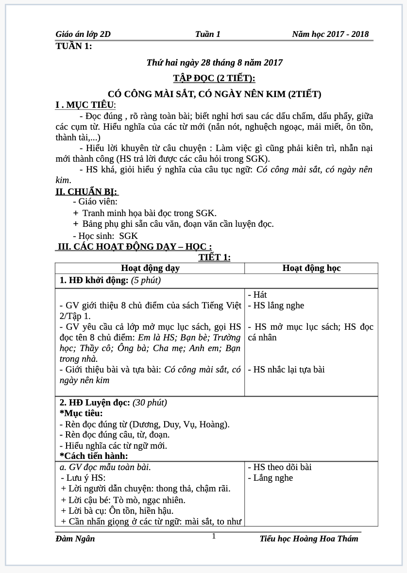 Giáo án lớp 2 soạn theo định hướng phát triển năng lực học sinh tuần 1