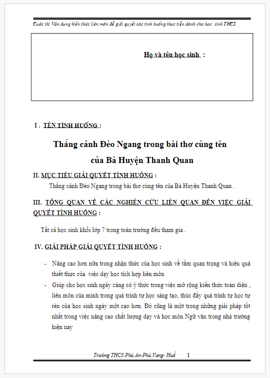 Bài dự thi vận dụng kiến thức liên môn văn 7 Tìm hiểu thắng cảnh Đèo Ngang qua bài thơ của Huyện Thanh Quan